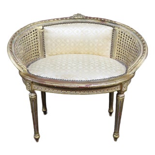 French Louis XVI Style Gilt Caned Barrel Accent Chair For Sale