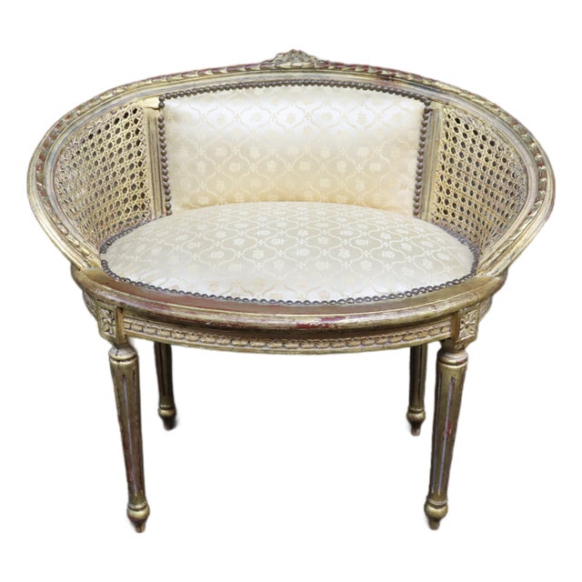 French Louis XVI Style Gilt Caned Barrel Accent Chair For Sale