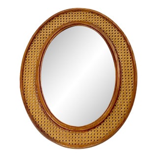 Mid-Century Boho Chic Coastal Syroco Style Faux Cane Oval Wall Mirror For Sale