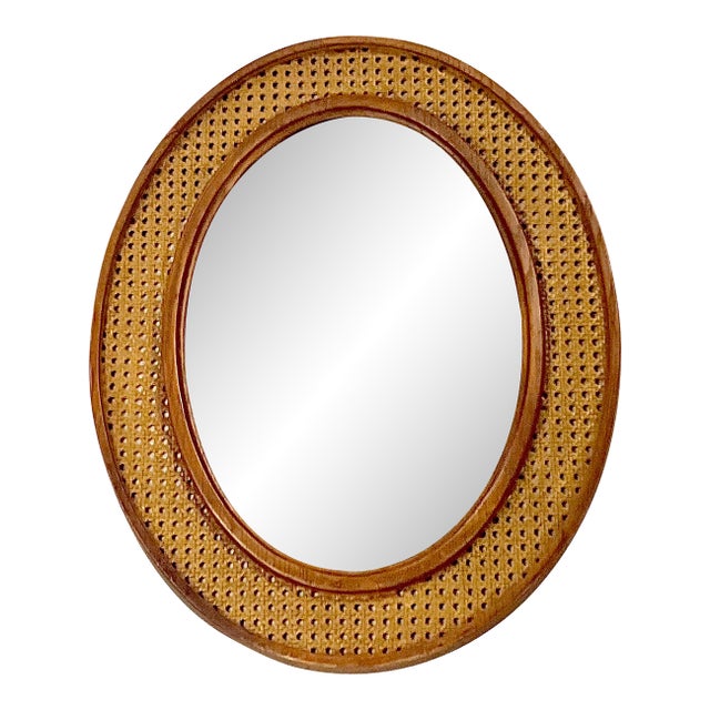 Mid-Century Boho Chic Coastal Syroco Style Faux Cane Oval Wall Mirror. For Sale