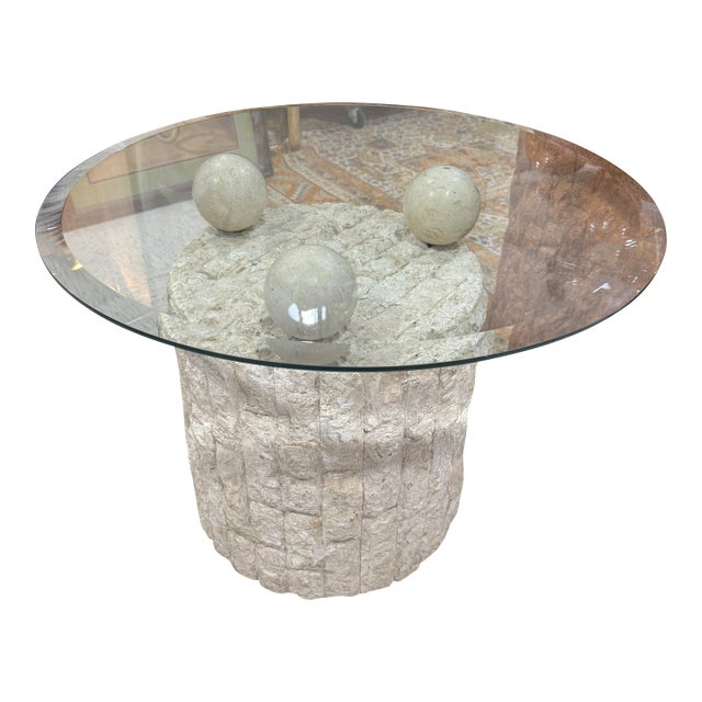 Vintage 1980s Postmodern Mactan Fossil Stone Round Side Table With Glass Top For Sale
