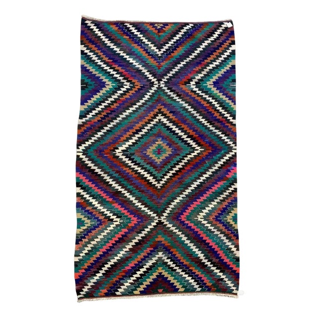 Large Vintage Turkish Purple, Red, Black, and Blue Kilim Rug, 1950s For Sale