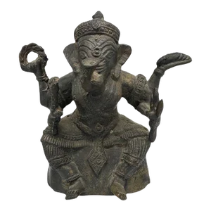 Antique Bronze Ganesha Seated Meditation Four Hands Hindu Ganapati Sculpture