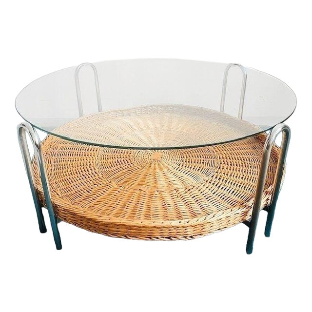Vintage Coffee Table in Rattan and Chrome with Glass, 1970s For Sale