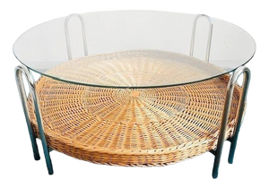 Vintage Coffee Table in Rattan and Chrome with Glass, 1970s