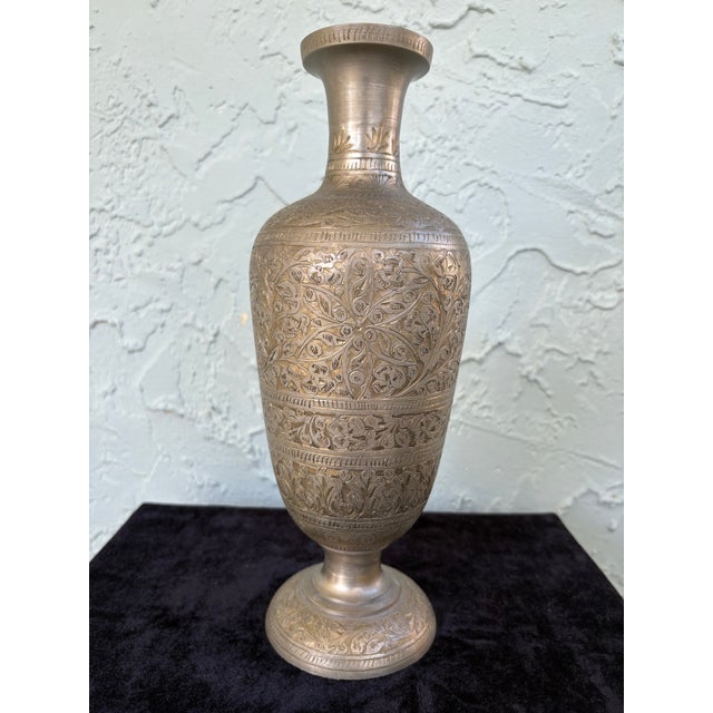 Metal Vintage Hand-Engraved Brass Vase With Floral Motifs, Middle Eastern / Indian Style 11.5” For Sale - Image 7 of 9