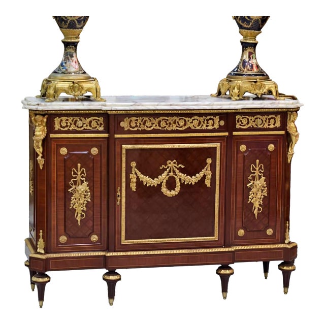 French Louis XVI Sideboard With Marble Top, Gold Leaf Accents & Gilt Bronze Mounts For Sale