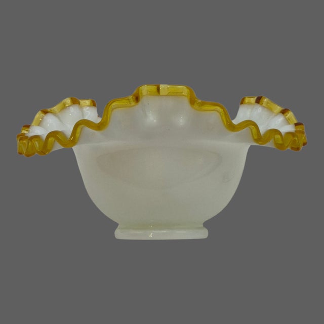 Vintage Fenton Milk-Glass Crimped Ruffled Amber Yellow Edge Candy Dish Bowl For Sale - Image 6 of 9