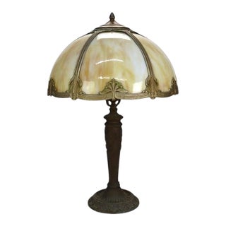 1920s Arts & Crafts Era Bradley & Hubbard Style 6-Panel Slag Glass Lamp For Sale