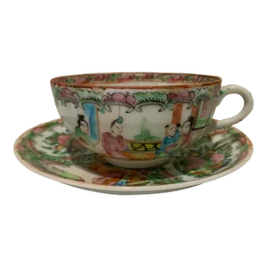 19th Century Chinese Export Rose Medallion Mandarin Eggshell Teacup and Saucer Porcelain