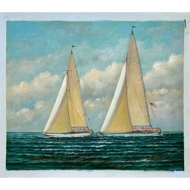 Original oil on canvas by D. Tayler. Beautiful maritime painting depicting two classic racing yachts sailing side by side...