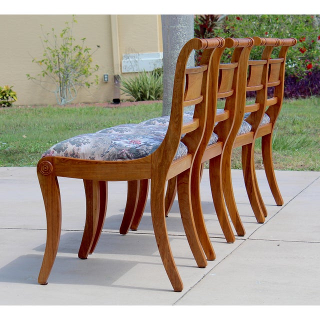 Brown Set of 4 Vintage Federal Style Walnut Dining Chairs With Equestrian Hunt Scene Upholstery For Sale - Image 8 of 18