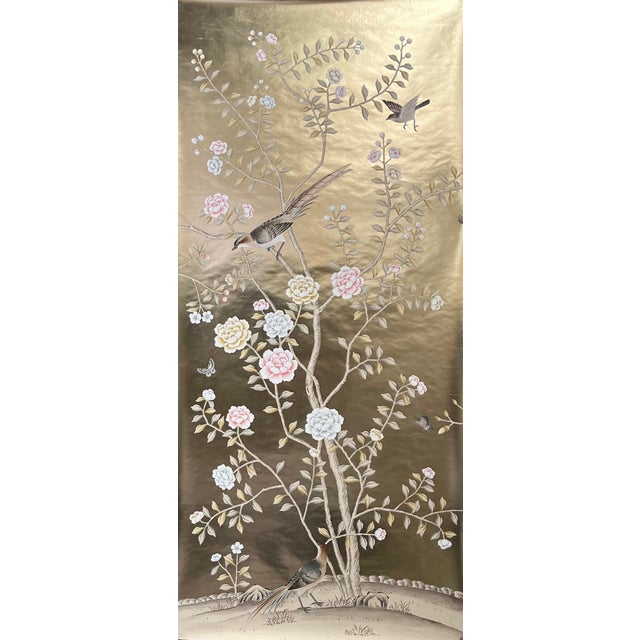Gold Leaf Chinoiserie Hand-Painted Bird & Floral Wall Panels (Set of 2) For Sale - Image 4 of 4