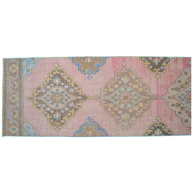 1960s Traditional Turkish Runner Hand Knotted Distressed Low Pile Pink Hallway Rug Kitchen Decor For Sale - Image 9 of 14