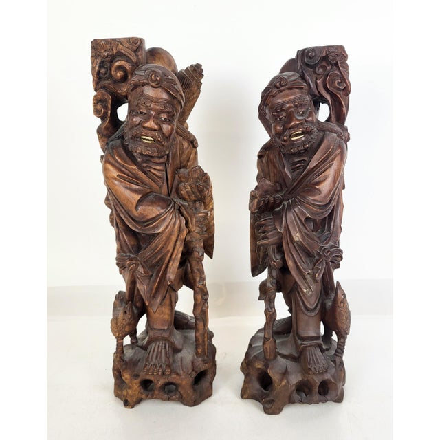 Pair of Large Antique Chinese Li Tieguai Carved Wood Figures W. Glass Eyes For Sale - Image 14 of 14