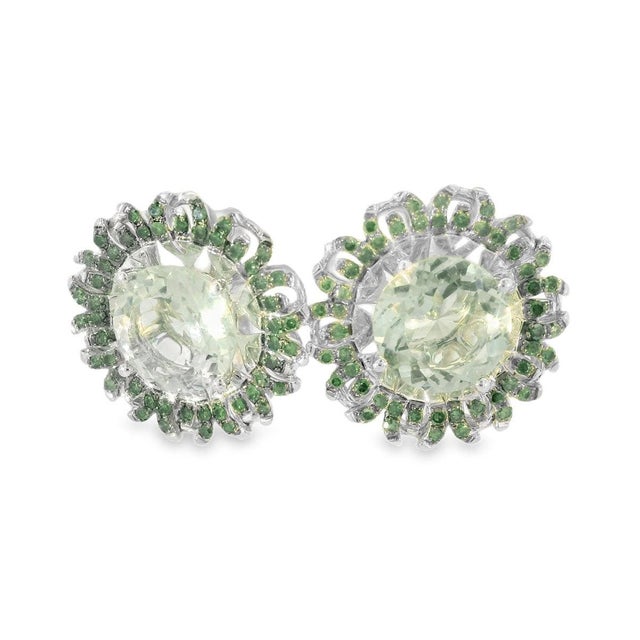 Mid-Century Modern Mid 20th Century 14k White Gold Green Amethyst Diamond Sunflower Earrings, Pair For Sale - Image 3 of 4