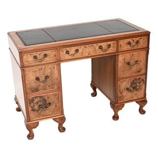Antique Burr Walnut Pedestal Desk with Leather Top, 1930 For Sale
