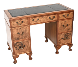 Antique Burr Walnut Pedestal Desk with Leather Top, 1930