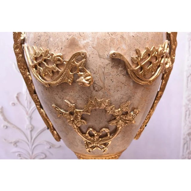 Pair of Large Neoclassical Beige Marble and Ormolu Bronze Urn Amphorae With Matching Pedestals For Sale - Image 13 of 16