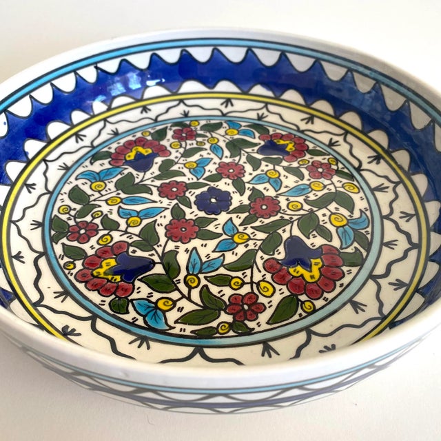 Mediterranean Vintage 1980s Jerusalem Art Pottery Hand Painted Floral Artisan Ceramic Decorative Serving Bowl For Sale - Image 3 of 13