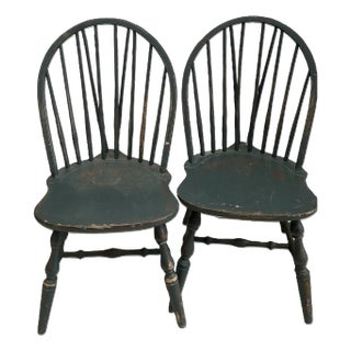 Late 19th Century Pair of Windsor Chairs With Old Blue Painted Finish For Sale