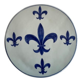 Large Round Blue and White Fleur De Lis Plate Trivet For Sale
