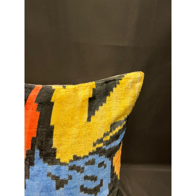 Modern Turkish Modern Blue Multicolor Velvet Silk Ikat Pillow Cover For Sale - Image 3 of 5