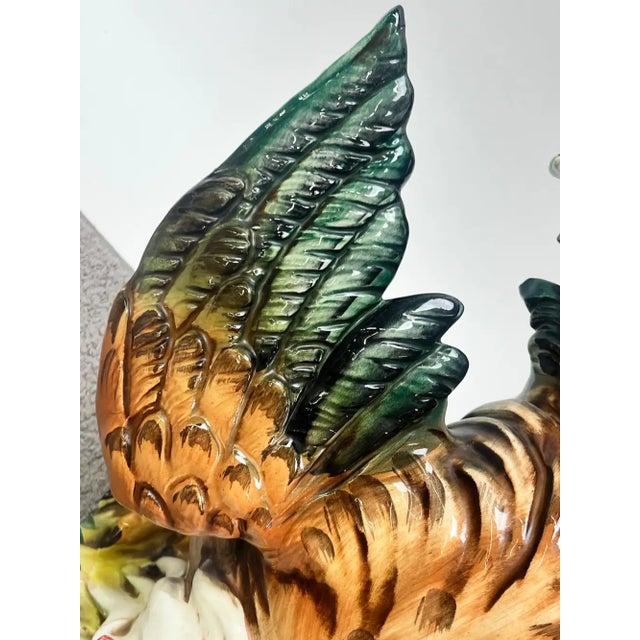 Ceramic Vintage Hand-Painted Italian Majolica Ceramic Fighting Rooster Sculpture, a Pair 1980's For Sale - Image 7 of 15