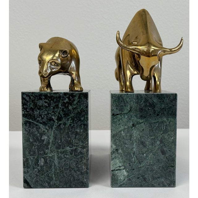 Vintage Wall Street Bull and Bear Brass on Marble Block Bookends For Sale - Image 4 of 8