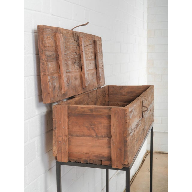 Wood Late 20th Century Indian Wooden Storage Box on Iron Stand With Lift-Top Lid and Rustic Patina For Sale - Image 7 of 8