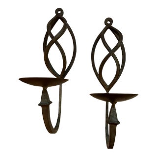 Pair of Heavy Vintage Wrought Iron Candle Holders With Crisscross Design For Sale