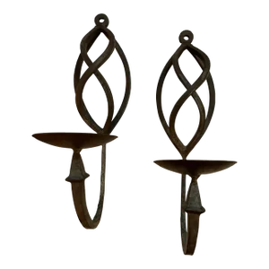 Pair of Heavy Vintage Wrought Iron Candle Holders With Crisscross Design