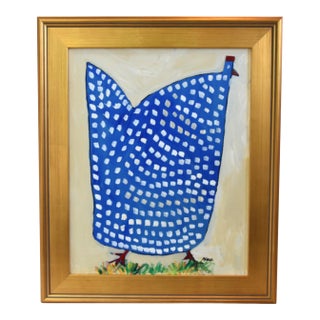 Original Blue Folk Art Chicken Hen Painting by Ruth Arenz Including the Antiqued Gold Wood Fame For Sale