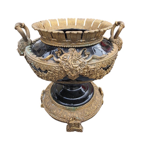 Mid 20th Century Mid 20th Century Large Neoclassical Black & Gilt Urn Centerpiece Bowl With Figural Handles For Sale - Image 5 of 9