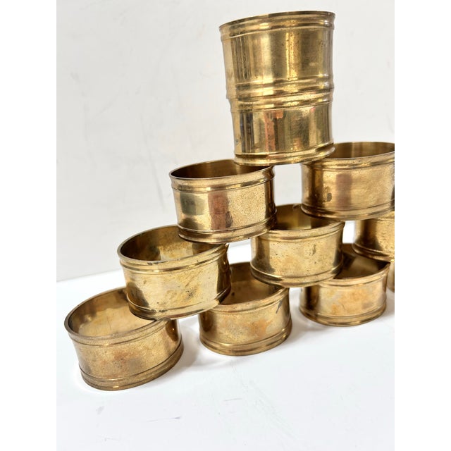 Hollywood Regency Vintage Solid Brass Banded Napkin Rings – Set of 11 For Sale - Image 3 of 8