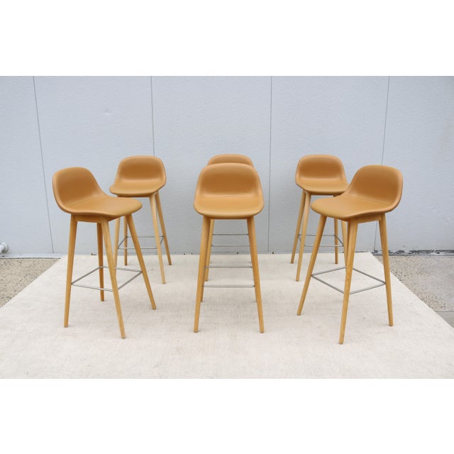 Danish Iskos-Berlin for Muuto Brown Leather Fiber Bar Stools Oak Base - Set of 3 For Sale In New York - Image 6 of 18