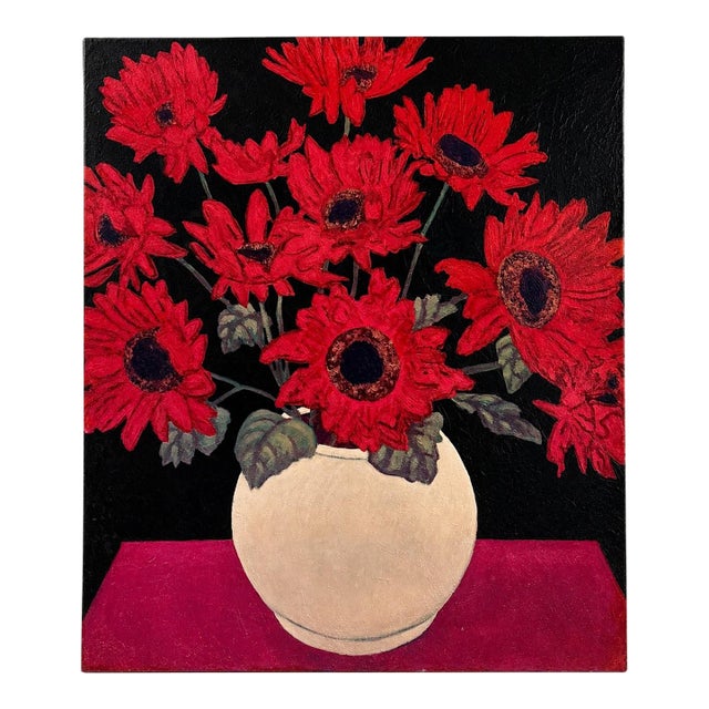 Large Original Floral Oil Painting of Red Sunflowers For Sale