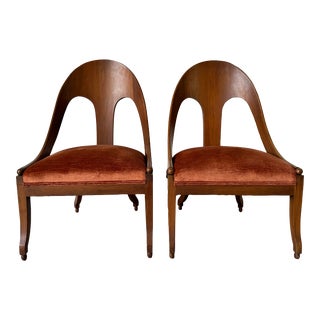 Hollywood Regency Neoclassical -Style Michael Taylor for Baker Spoon Back Slipper Lounge Chairs - a Pair For Sale