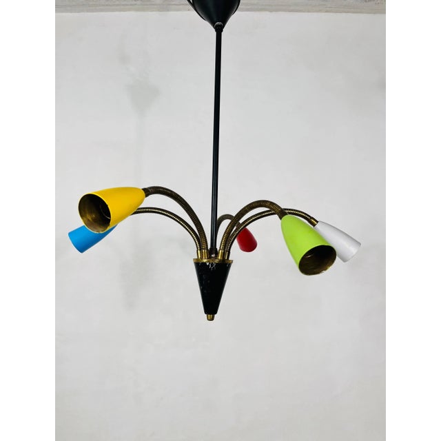 1950s Colorful Mid-Century Brass 5-Arm Sputnik Chandelier, 1950s For Sale - Image 5 of 8