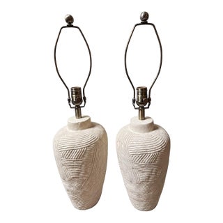 Organic Modern Pottery Barn Sculptural Textured Ivory Ceramic Table Lamps - a Pair For Sale