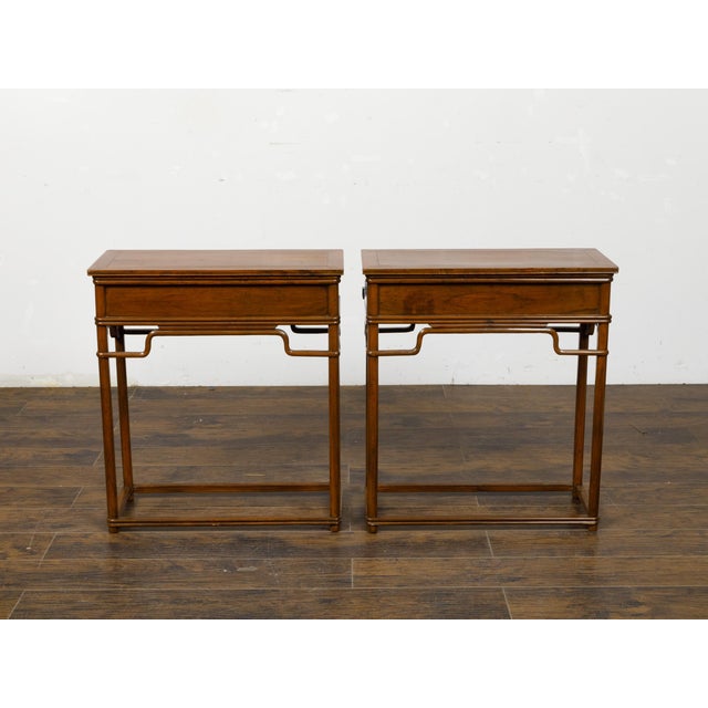 Brown Pair of Teak 19th Century Console Tables with Drawers and Humpback Stretchers For Sale - Image 8 of 12