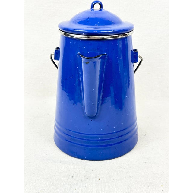 Vintage Blue Speckled Enamelware Coffee Percolator Pot With Bail Handle For Sale - Image 4 of 10