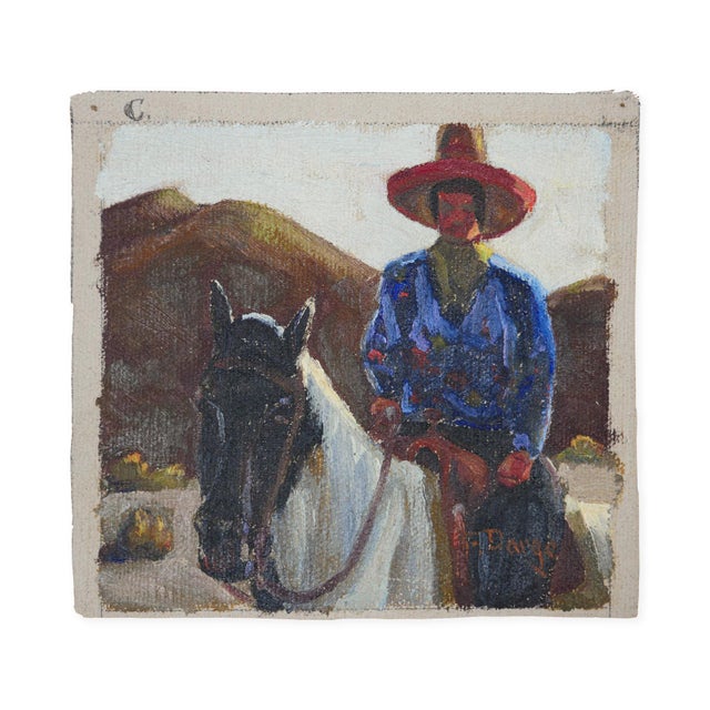 Abstract Fred Darge Blue, Red, and Brown Abstract Impressionist Painting of a Cowboy on a Horse, Mid-20th Century For Sale - Image 3 of 10