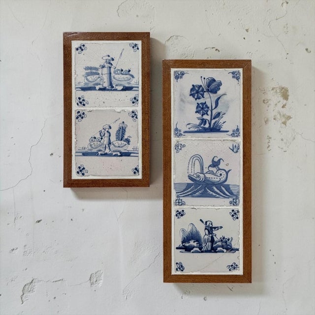 A wonderful set of three 18th century Dutch Delft tiles, each hand painted in cobalt blue upon a white tin glazed ground....