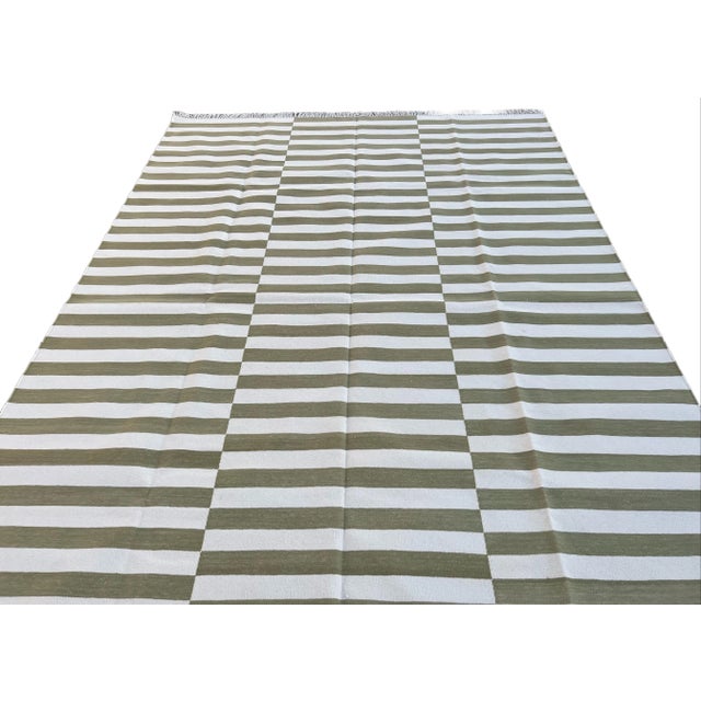 Olive Not Yet Made - Made To Order Handmade Cotton Area Rug Vegetable Dyed Olive Green and White Up Down Striped Rug-5'x7' For Sale - Image 8 of 11