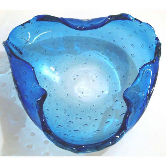 Murano blue three sided bowl is a stunning shade of deep azure blue with a scalloped rim. 5 x 5 x 5 x 2"H; unsigned.