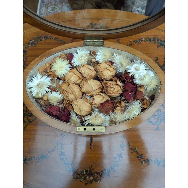 Unique Edwardian Antique Satinwood 2-Tier Parlour Side Table W/ Hand Painted Floral Garlands & Center Display For Sale - Image 9 of 9