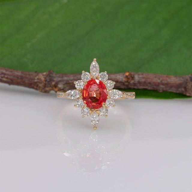 1.5Ct Padparadscha Sapphire Ring With Natural Diamond Accents: Solid 14k Gold, Size 6.75 For Sale In Columbus - Image 6 of 10