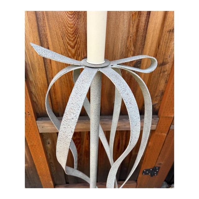 Vintage Metal Ribbon Bow Floor Lamp With Travertine Base For Sale - Image 4 of 10