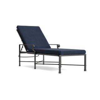 Brown Jordan Venetian Adjustable Chaise Lounge, Textured Pewter frame with Fusion Neptune fabric For Sale